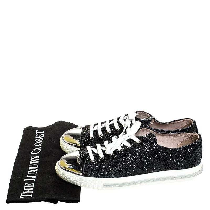 Miu Miu Black Glitter And Metal Cap Toe Low Top Sneakers Size 39 4