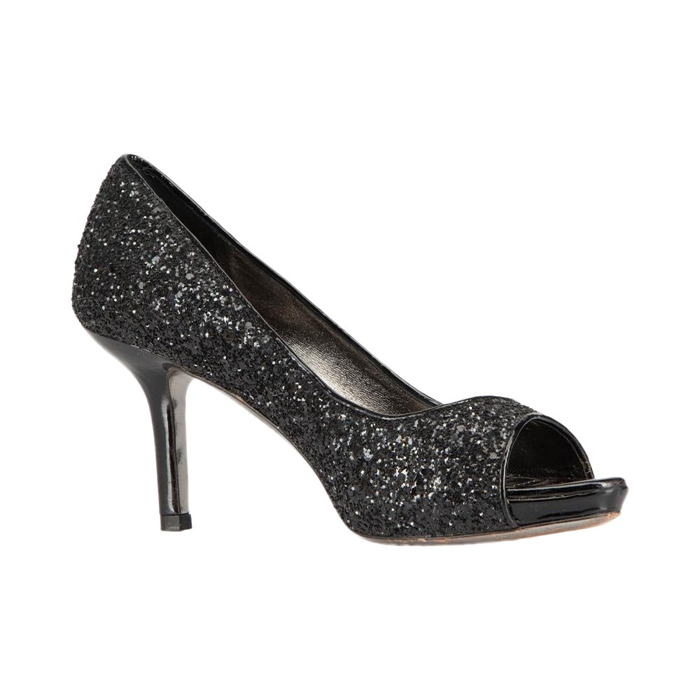 Miu Miu Black Glitter Open Toe Heels Size IT 36 For Sale