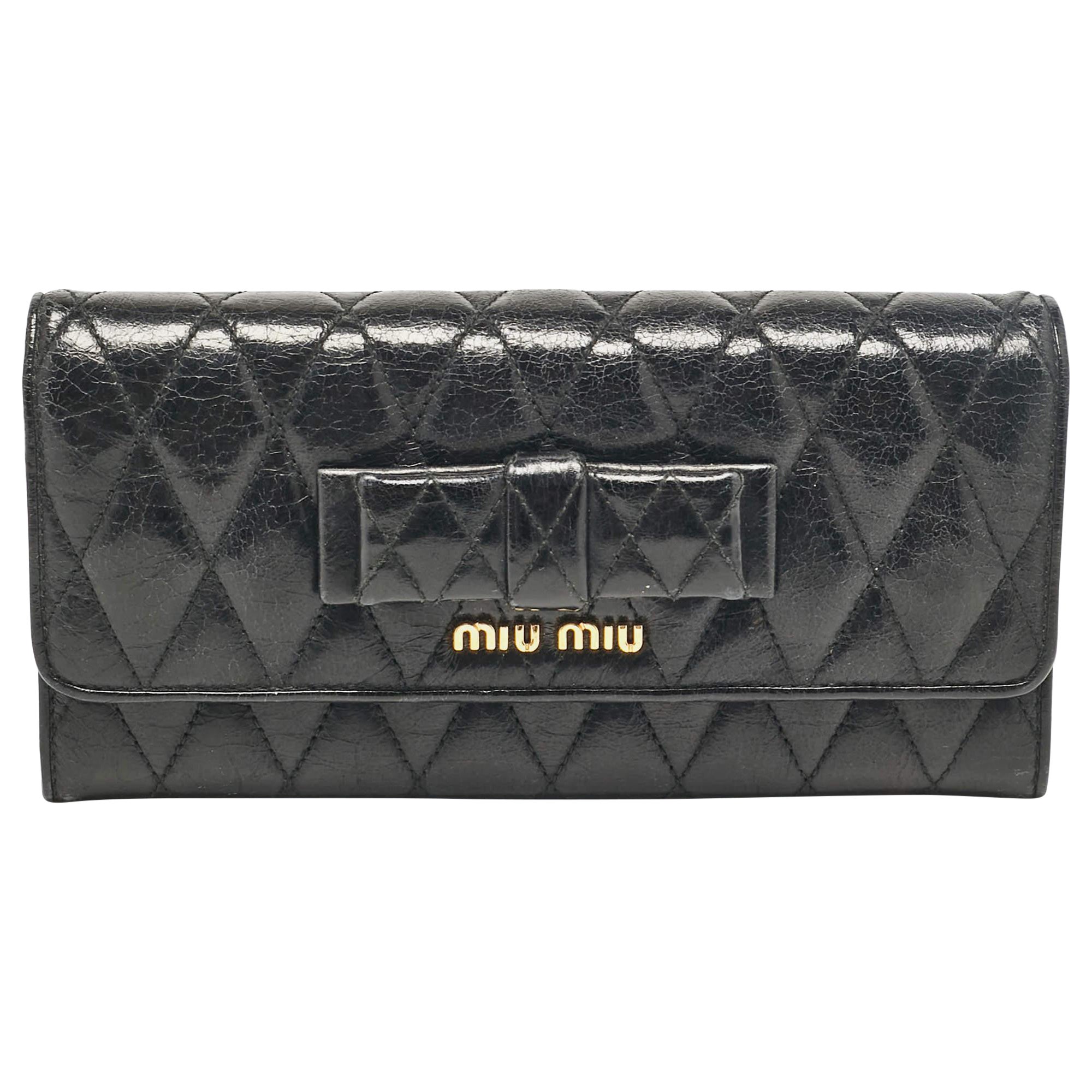 Miu Miu Black Glossy Leather Bow Flap Continental Wallet