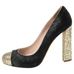Miu Miu Black/Gold Calf Hair And Coarse Glitter Cap-Toe Block Heel Pumps Size 40