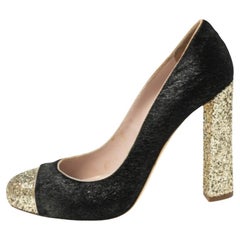 Miu Miu Bombas de tacón en bloque de pelo de becerro negro/oro y purpurina gruesa talla 40