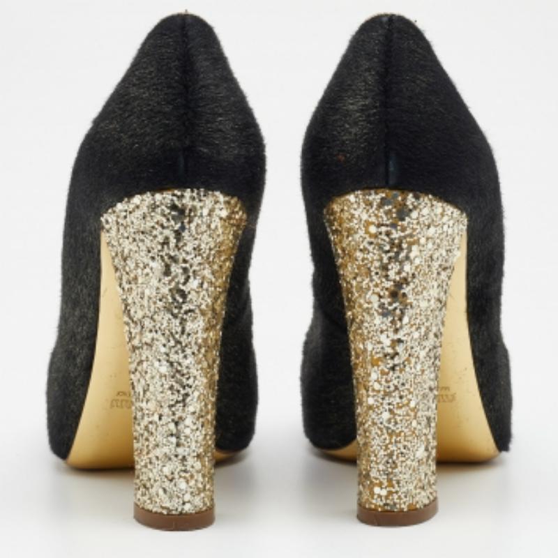 Miu Miu Black/Gold Calf Hair And Glitter Cap Toe Block Heel Pumps Size 37.5 For Sale 2