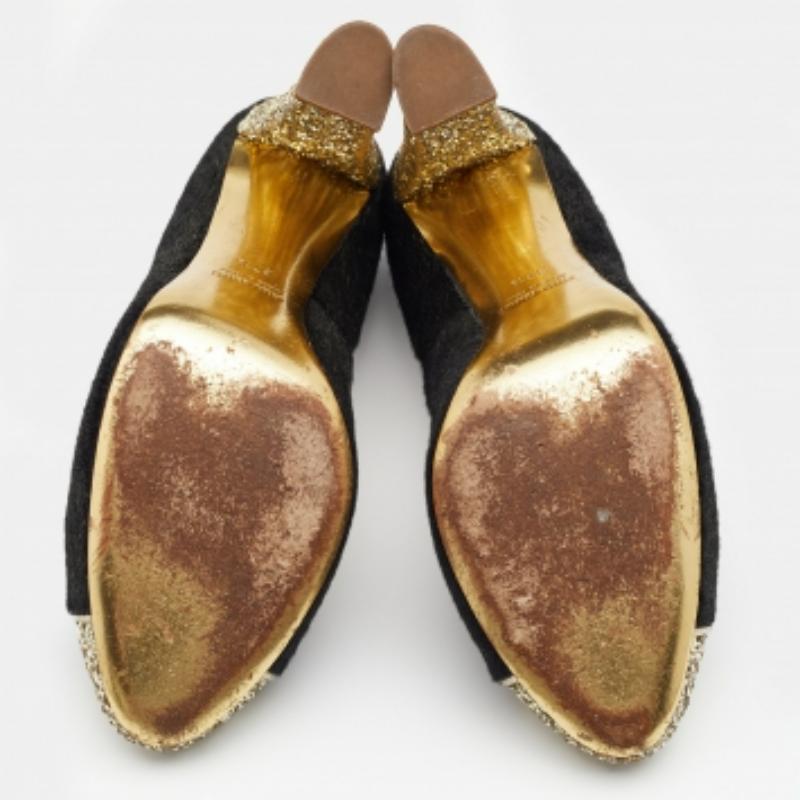 Miu Miu Black/Gold Calf Hair And Glitter Cap Toe Block Heel Pumps Size 37.5 For Sale 3
