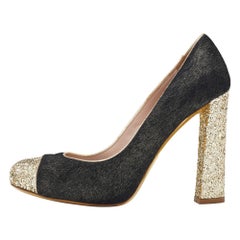 Miu Miu Black/Gold Calf Hair And Glitter Cap Toe Block Heel Pumps Size 37.5