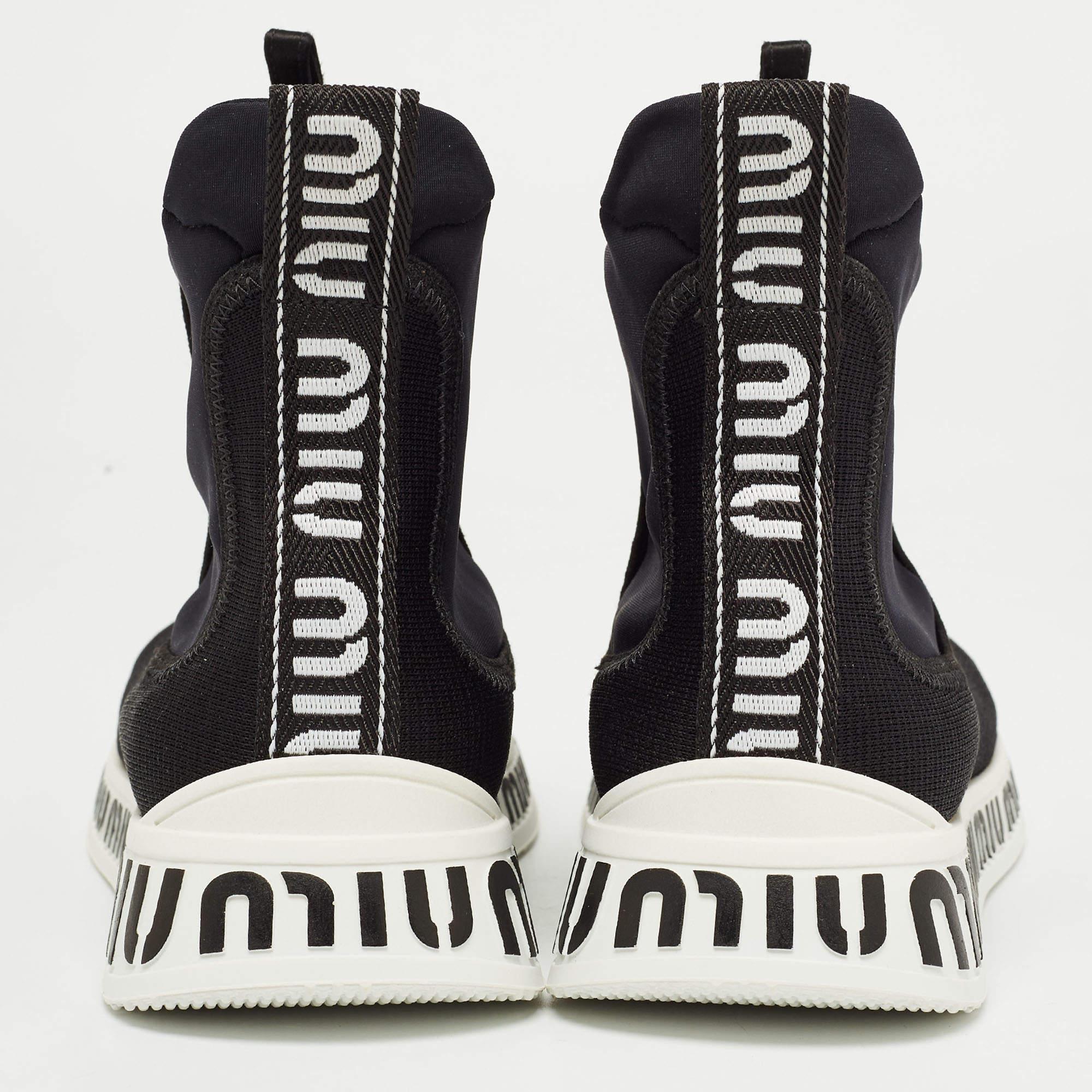 Miu Miu Black Knit Fabric and Neoprene High Top Sneakers Size 35 For Sale 1