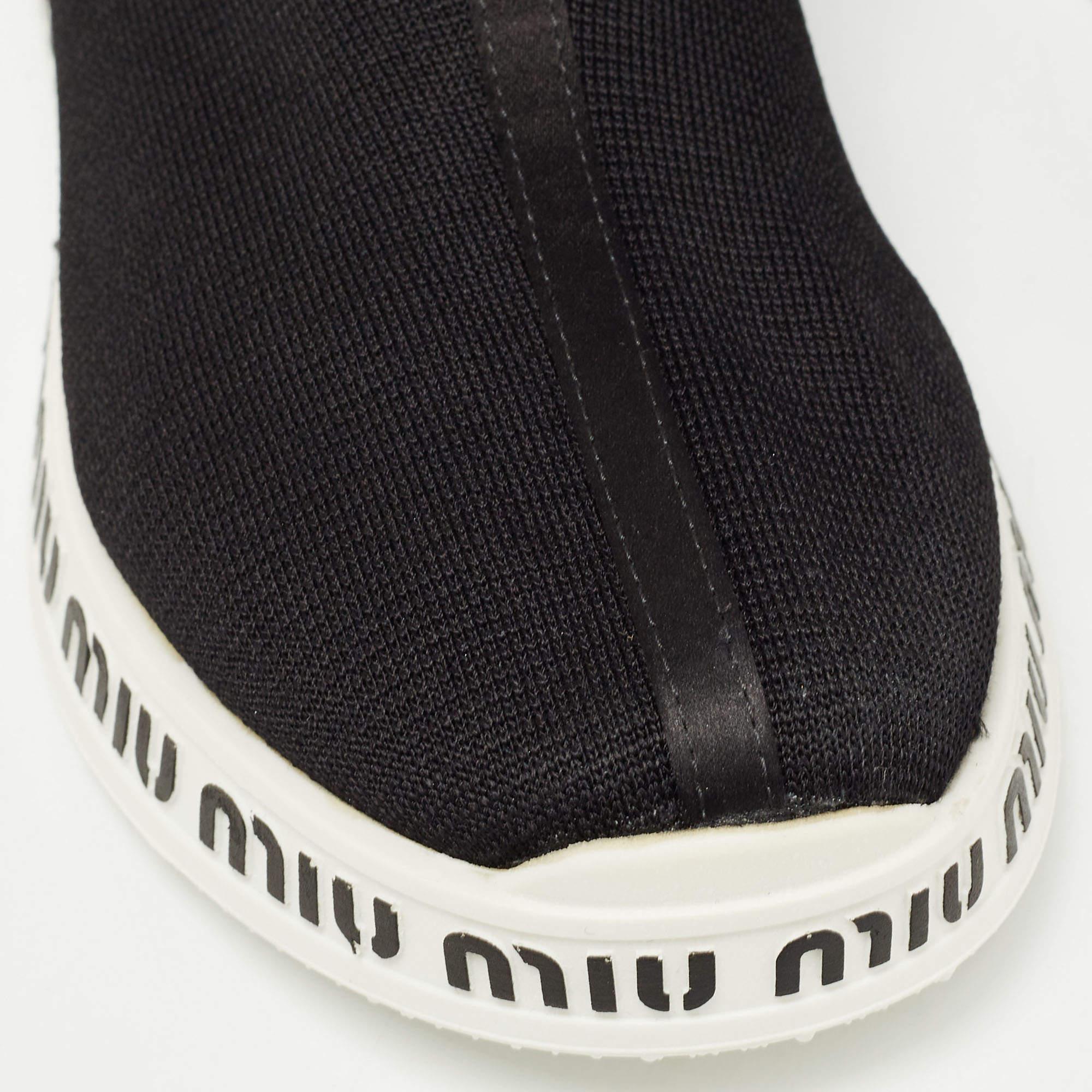 Miu Miu Black Knit Fabric and Neoprene High Top Sneakers Size 35 For Sale 2