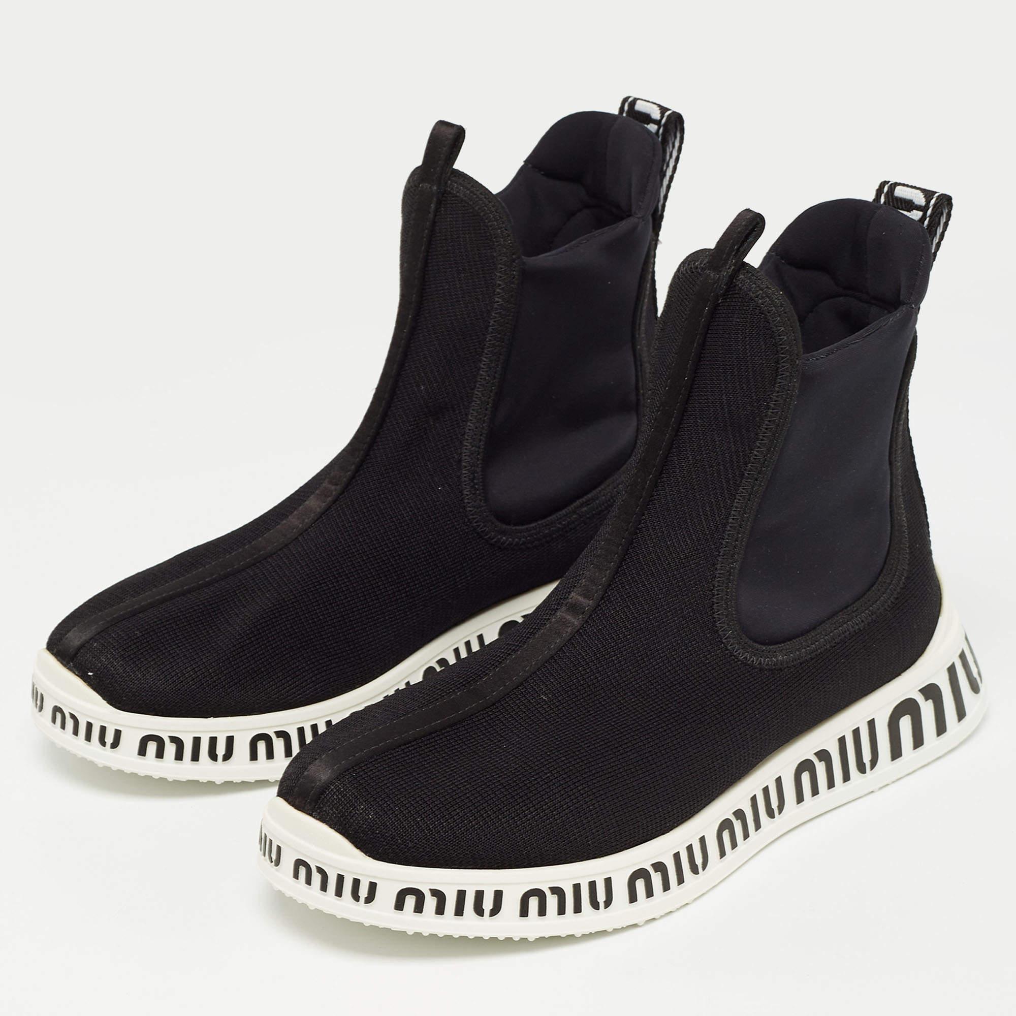 Miu Miu Black Knit Fabric and Neoprene High Top Sneakers Size 35 For Sale 3