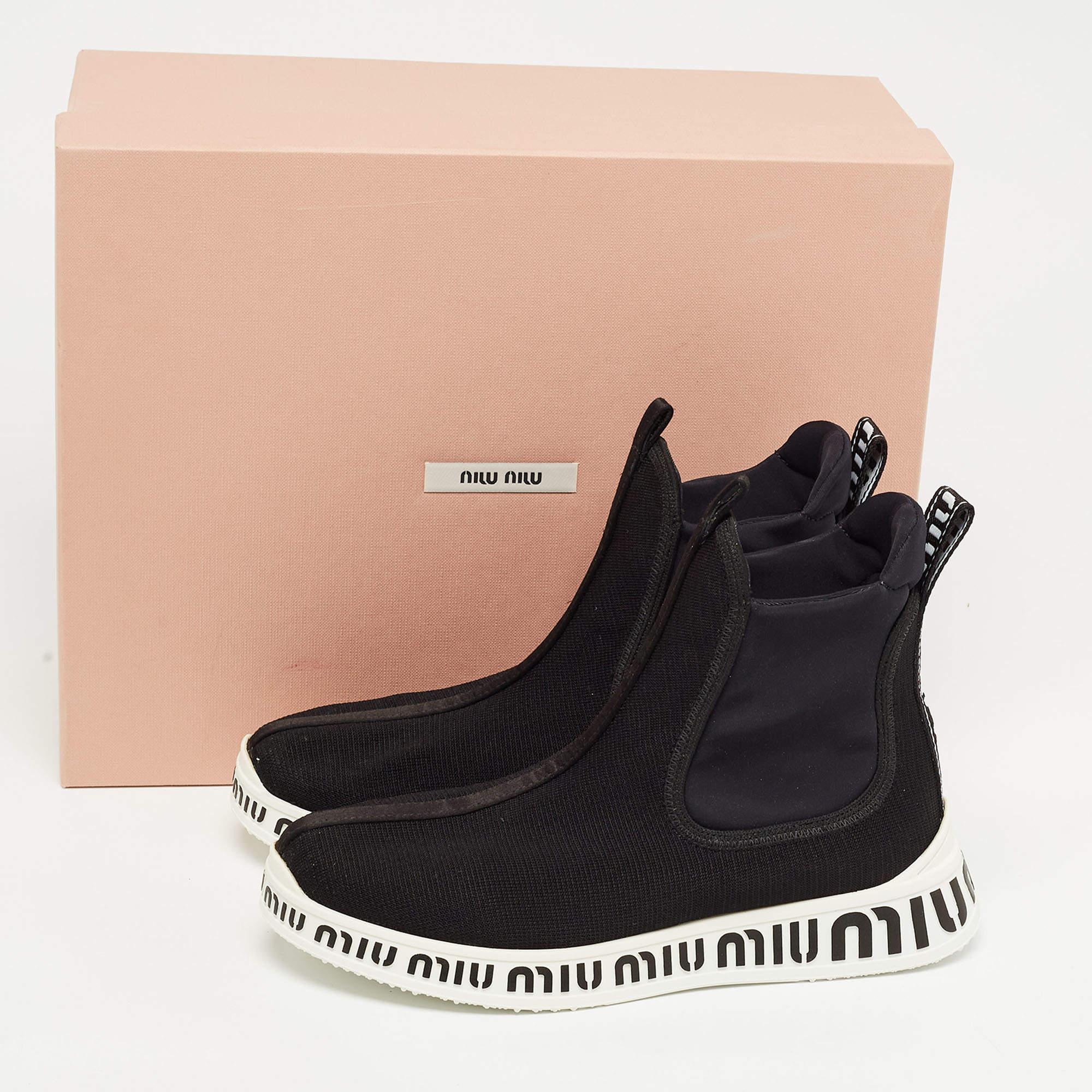 Miu Miu Black Knit Fabric and Neoprene High Top Sneakers Size 35 For Sale 4