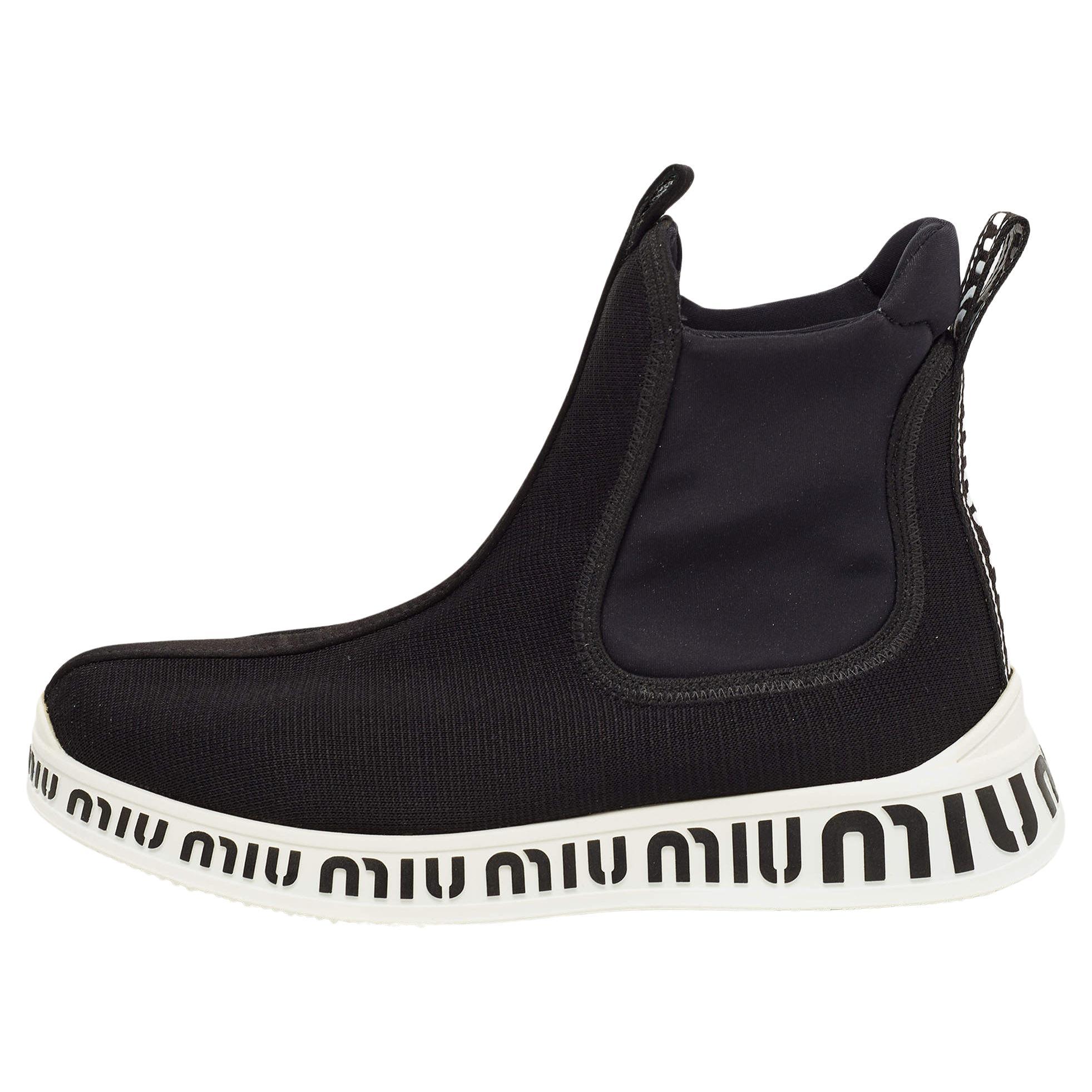 Miu Miu Black Knit Fabric and Neoprene High Top Sneakers Size 35 For Sale