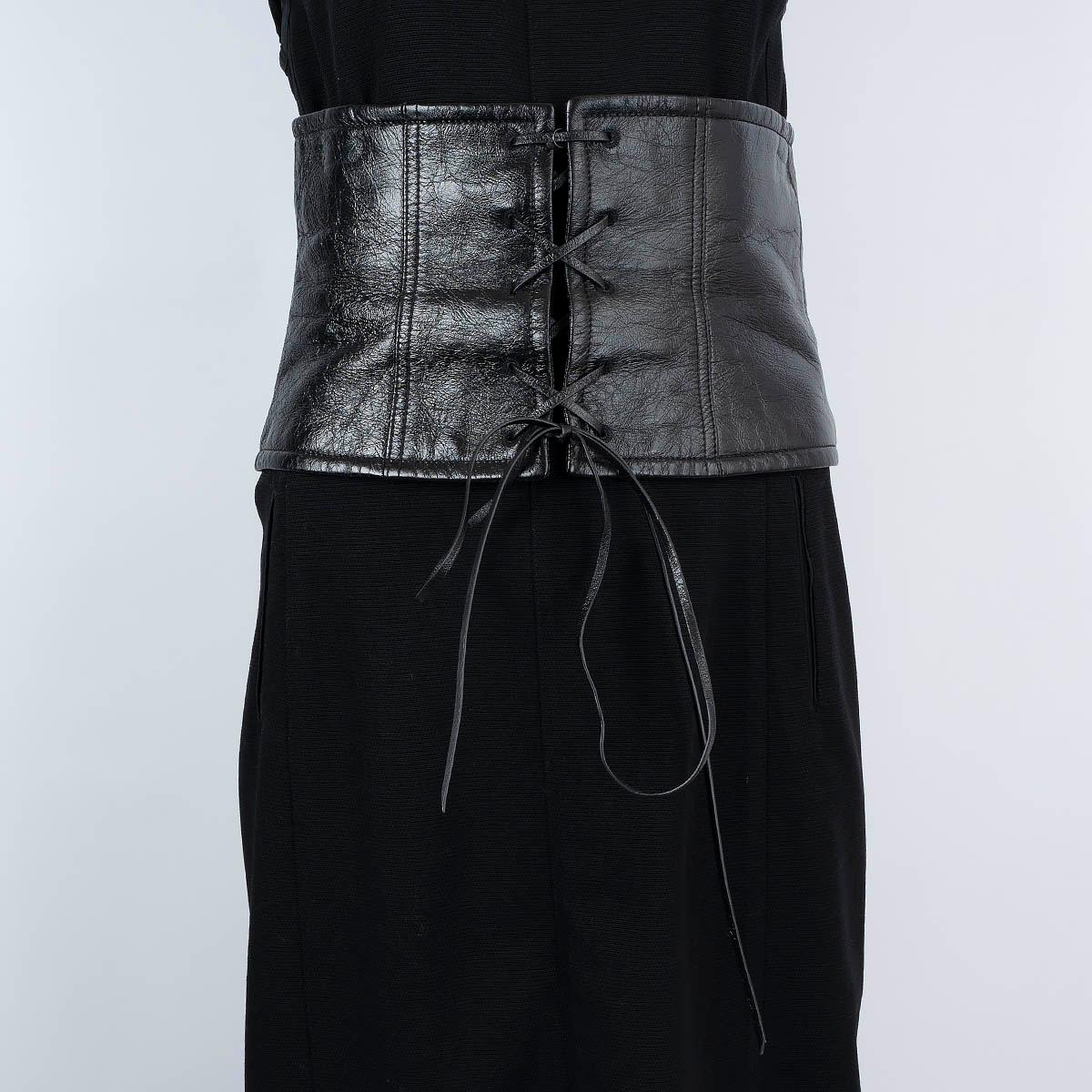 100% authentic Miu Miu waist belt in black lambskin leather with lace-up detail on the front. Closes with a zipper in the back and is lined in viscose (100%). Has been worn and is in excellent condition.

2019 Pre-Fall

Measurements
Width	20cm