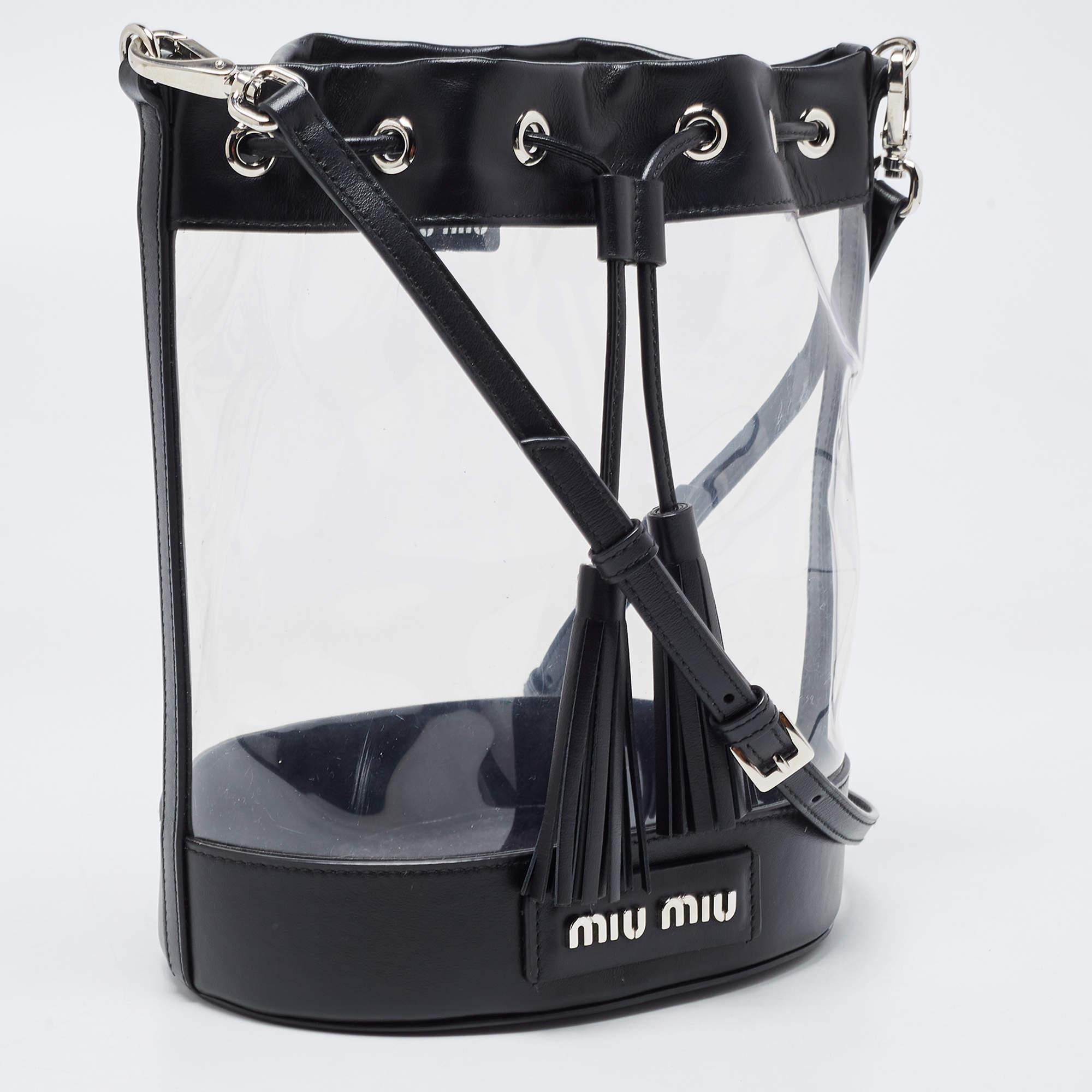 Miu MIu Black Leather And PVC Drawstring Bucket Bag 4