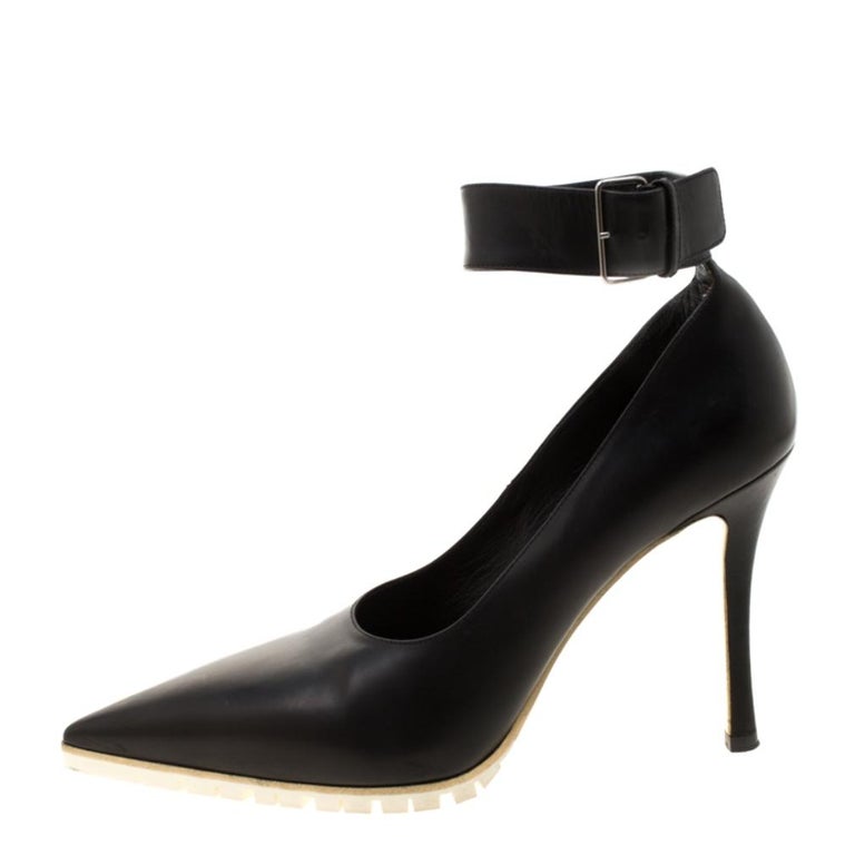 Miu Miu Black Leather Ankle Strap Pointed Toe Pumps Size 39 For Sale at  1stDibs