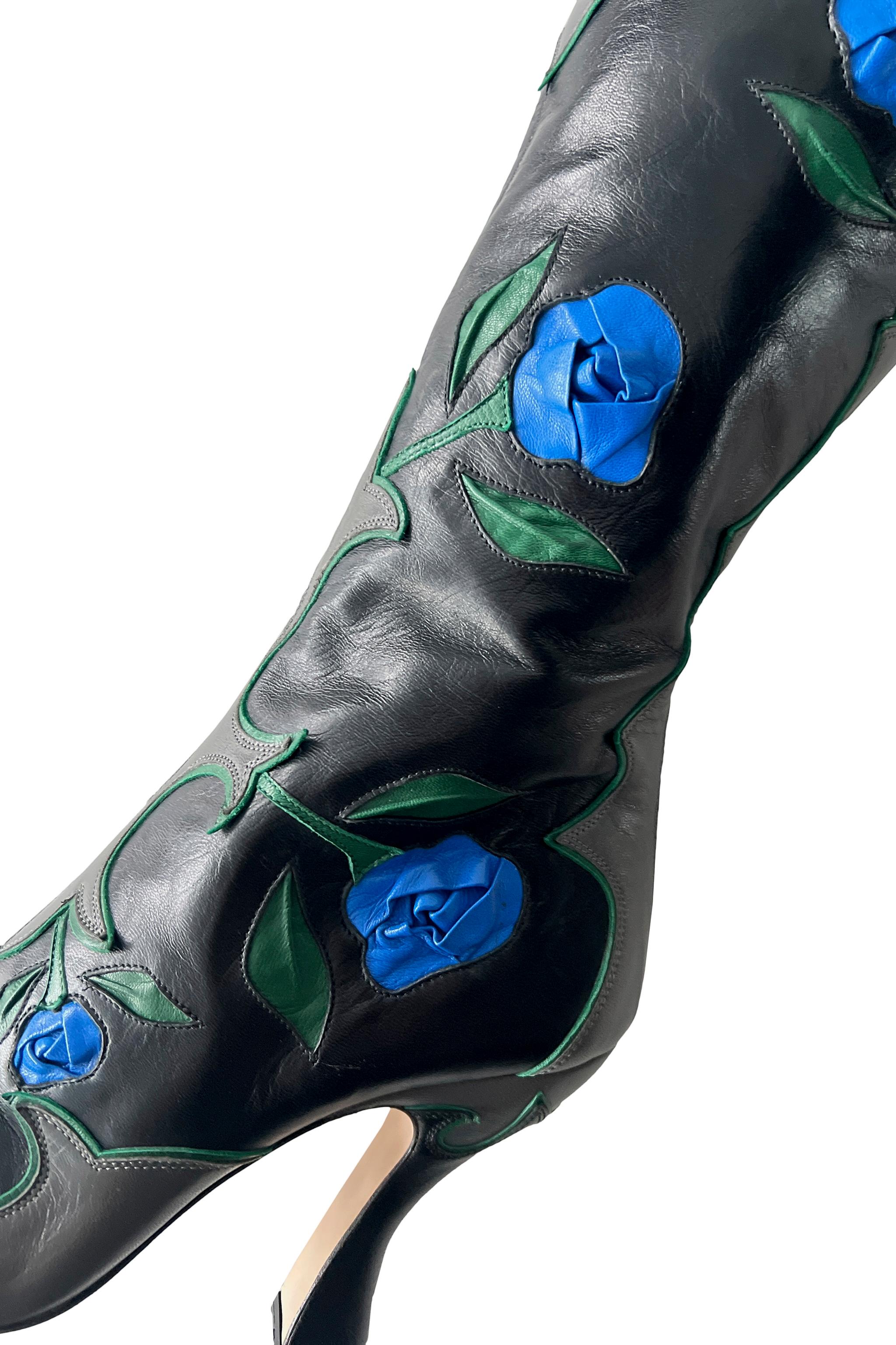 Women's Miu Miu Black Leather Boots With Blue Roses 2012 For Sale