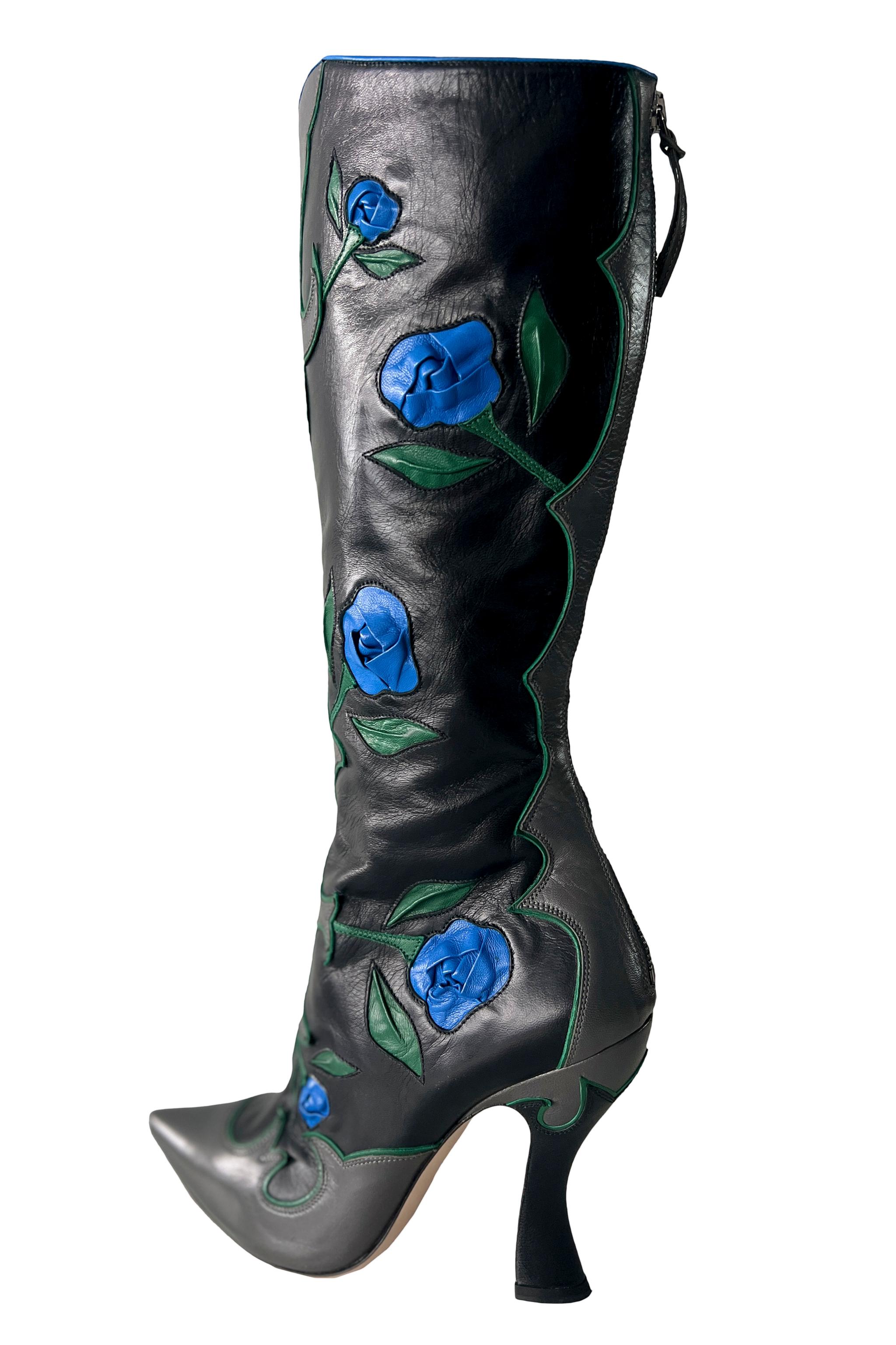 Miu Miu Black Leather Boots With Blue Roses 2012 For Sale 1