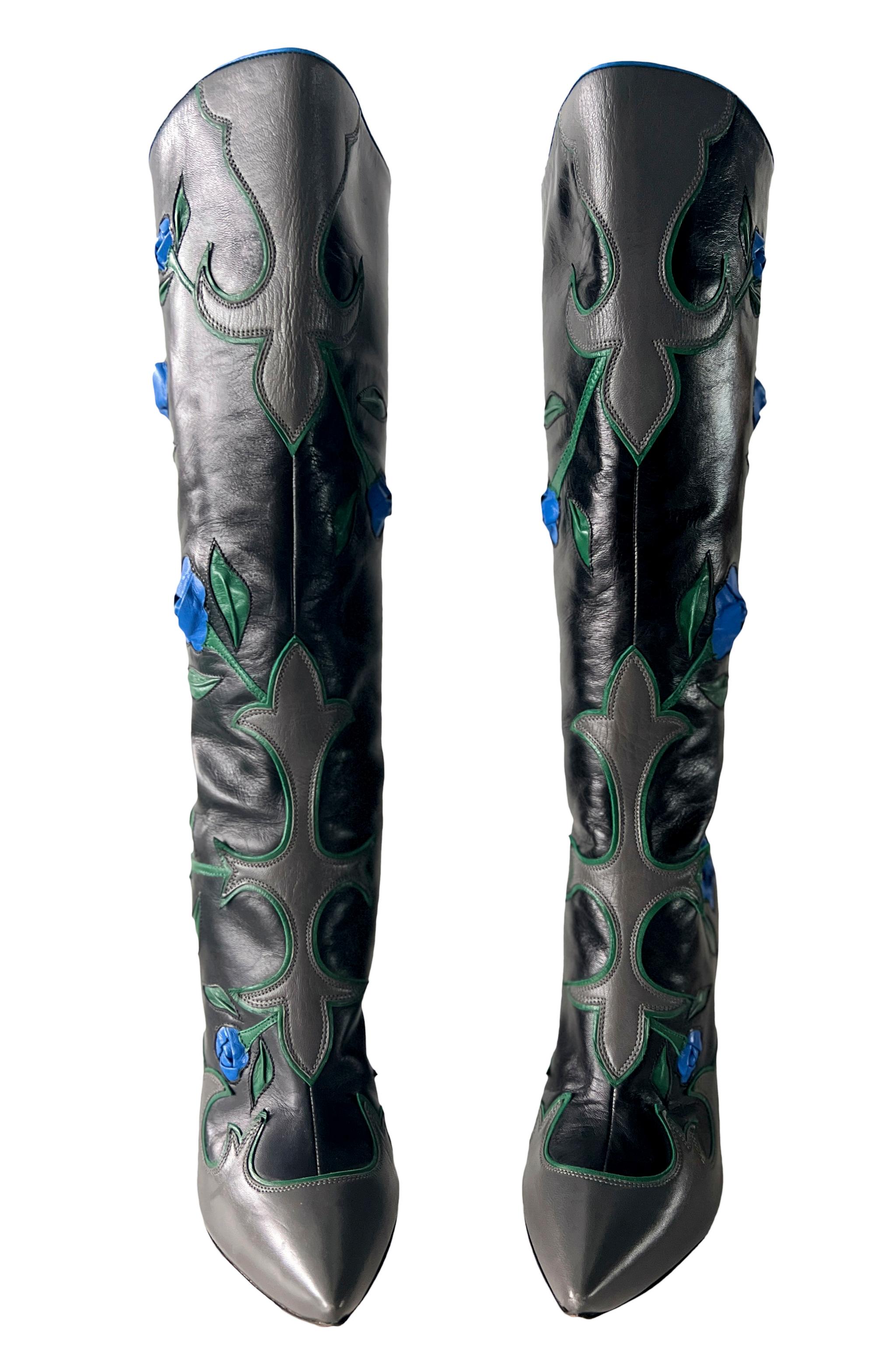 Miu Miu Black Leather Boots With Blue Roses 2012 For Sale 3