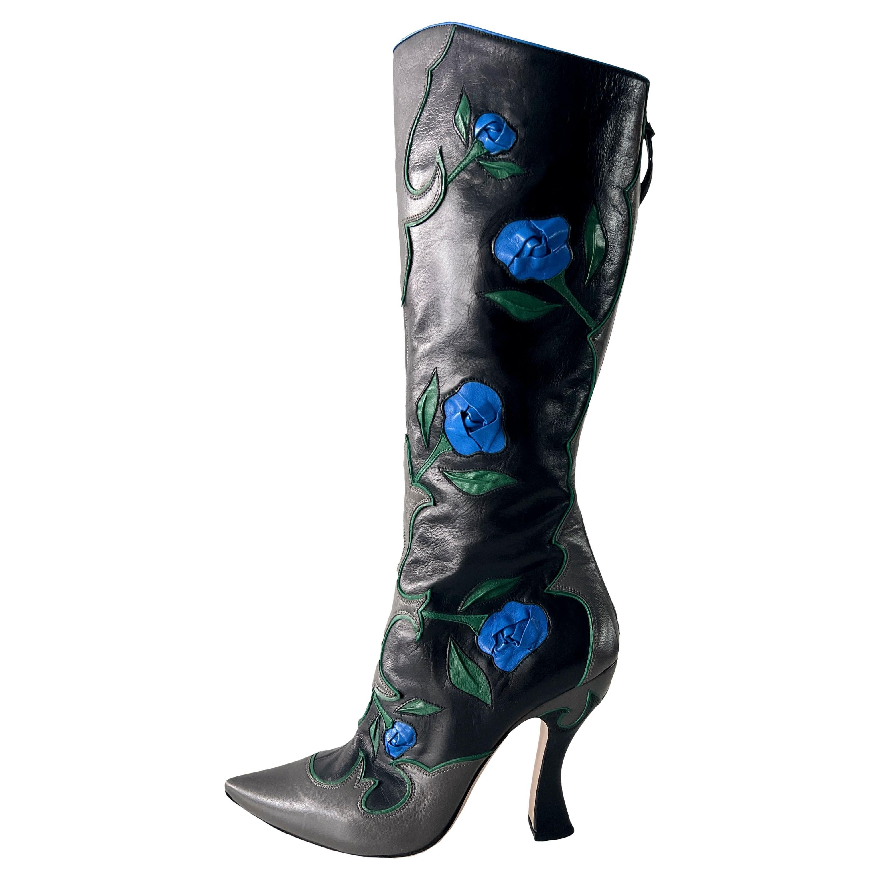 Miu Miu Black Leather Boots With Blue Roses 2012 For Sale