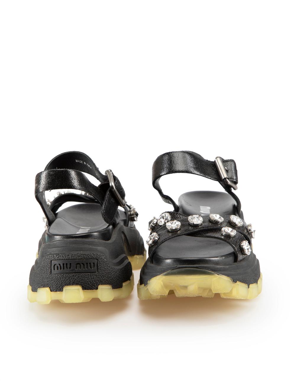 Miu Miu Noir Cuir Crystal Chunky Sandals Size IT 37.5 Neuf - En vente à London, GB