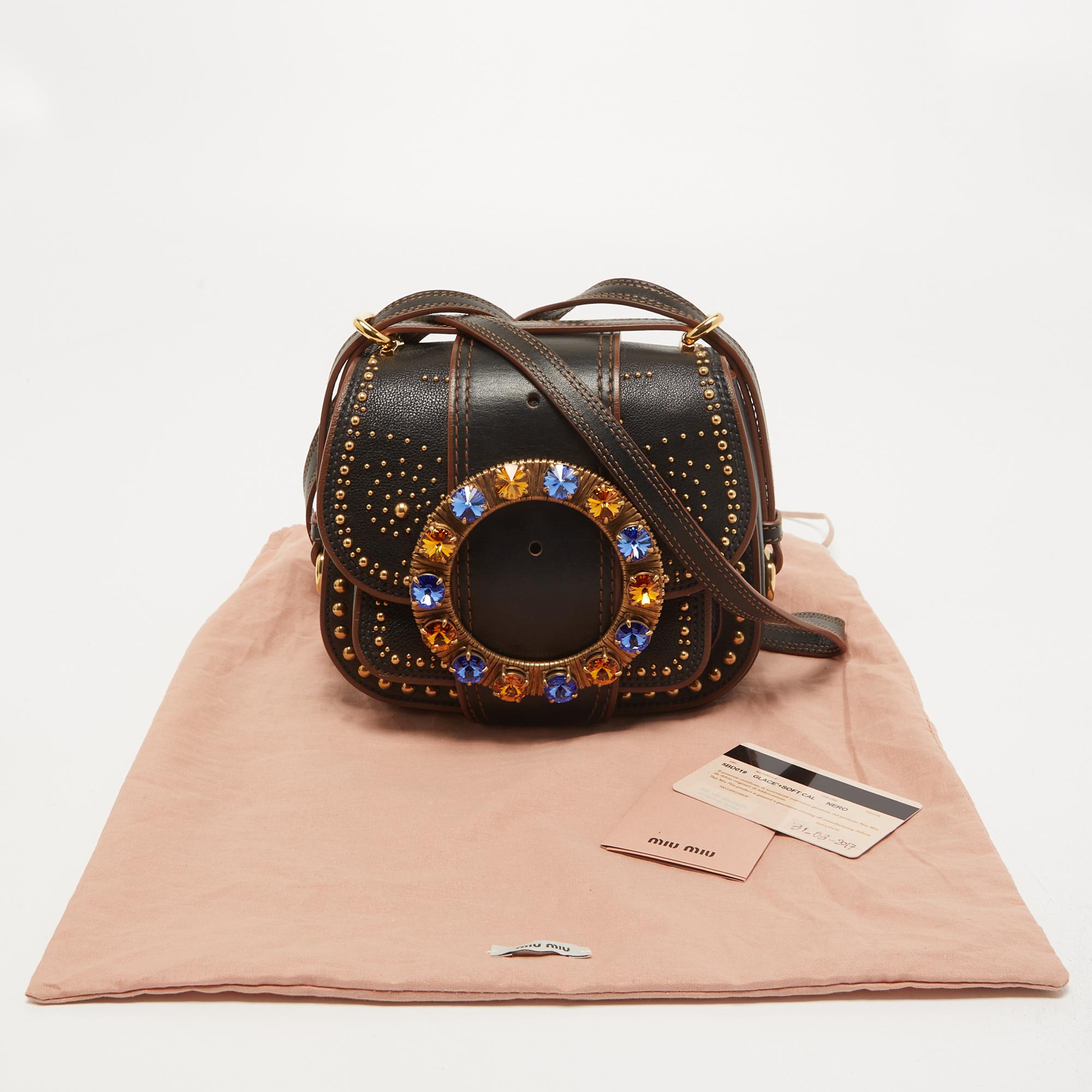 Miu Miu Black Leather Crystal Embellished Dahlia Crossbody Bag 7