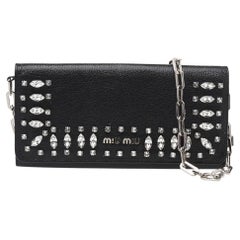 Miu Miu Black Leather Crystal Embellished Flap Wallet On Chain