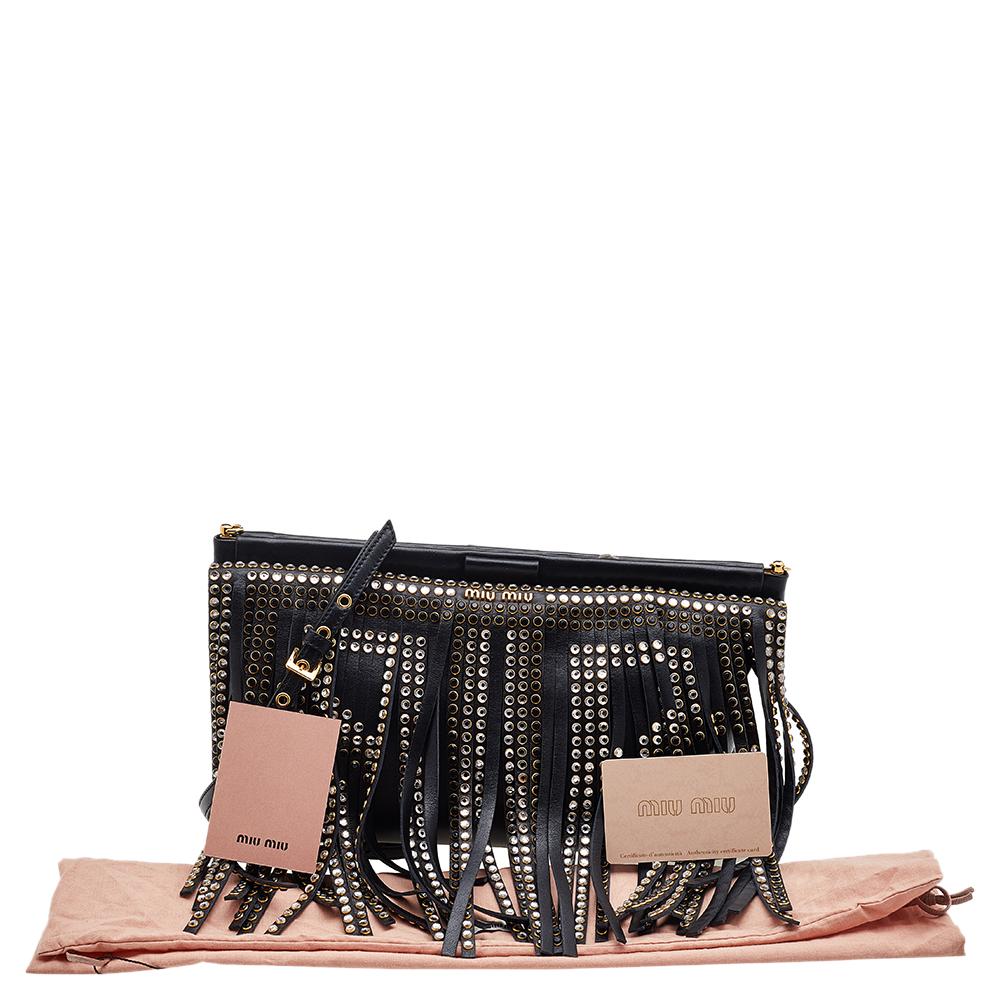 Miu Miu Black Leather Crystal Embellished Fringed Clutch 7