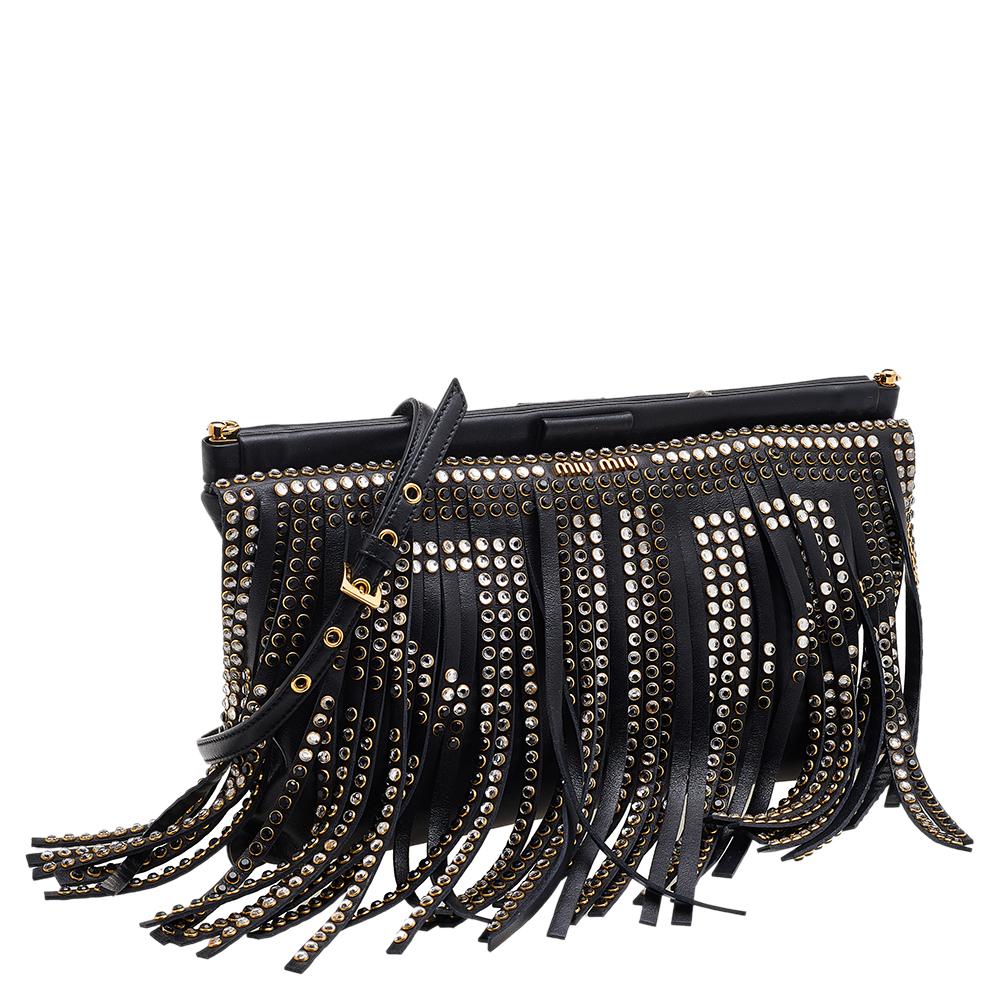 Women's Miu Miu Black Leather Crystal Embellished Fringed Clutch