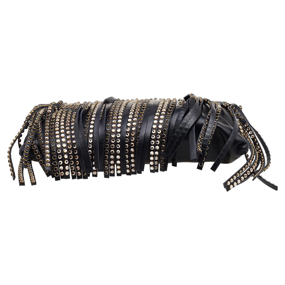 Miu Miu Black Leather Crystal Embellished Fringed Clutch 1