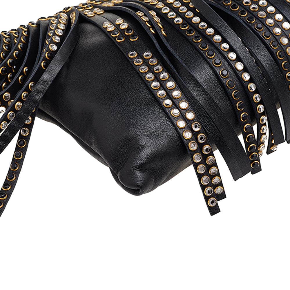 Miu Miu Black Leather Crystal Embellished Fringed Clutch 2