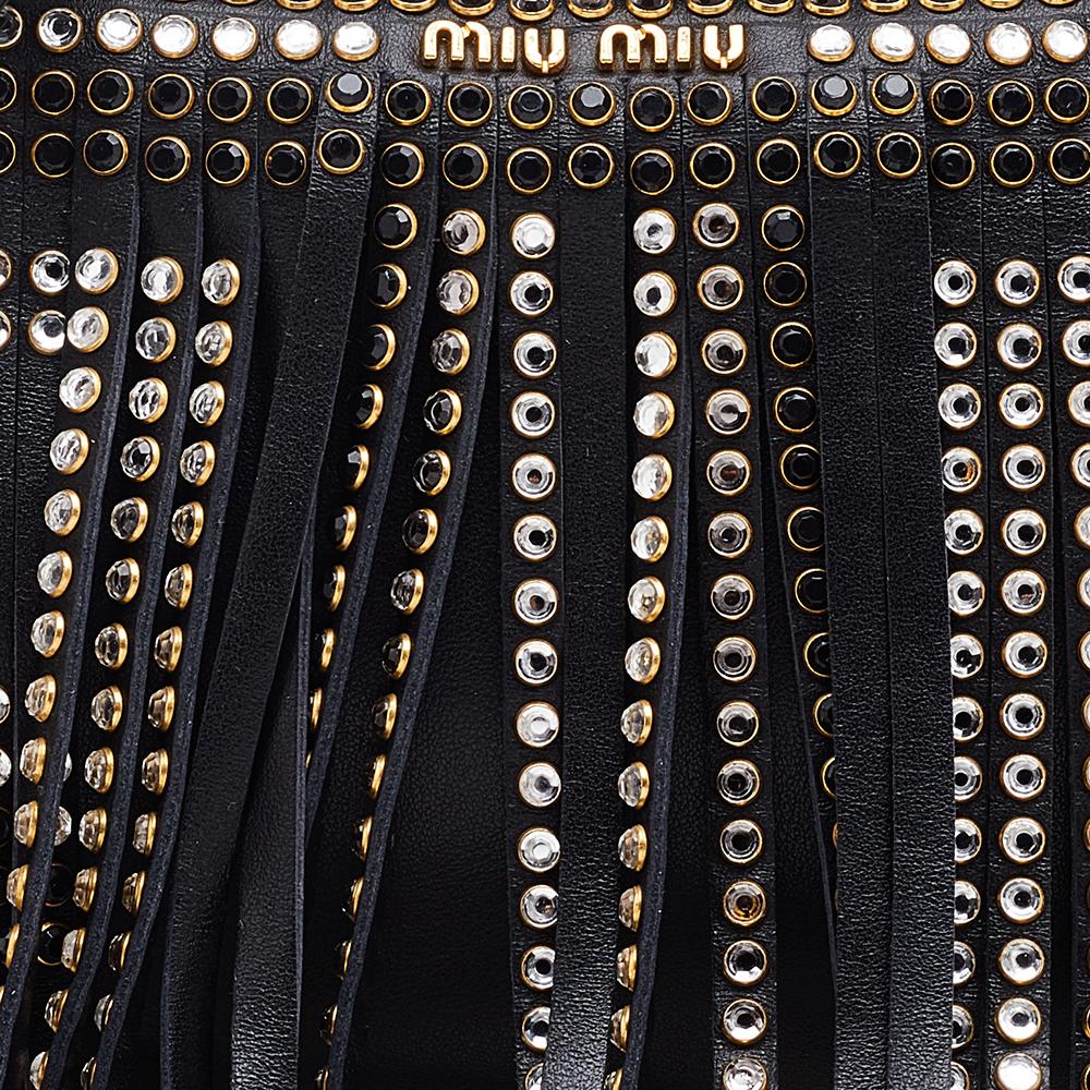 Miu Miu Black Leather Crystal Embellished Fringed Clutch 3