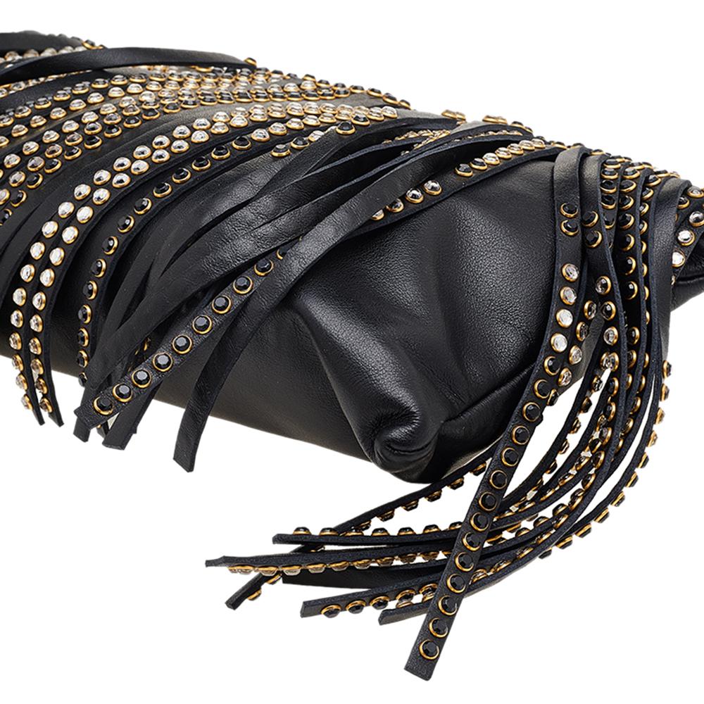 Miu Miu Black Leather Crystal Embellished Fringed Clutch 4