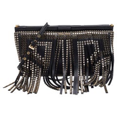 Miu Miu Black Leather Crystal Embellished Fringed Clutch