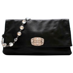 Miu Miu Black Leather Crystal Fold Over Clutch Bag