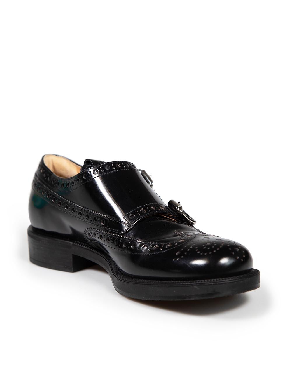CONDITION is Very good. Minimal wear to Brogues is evident. Minimal scratches to the front and back of the shoes on this used Miu Miu x Church's designer resale item.
 
 
 
 Details
 
 
 Miu Miu x Church's
 
 Black
 
 Leather
 
 Brogues
 
 Round