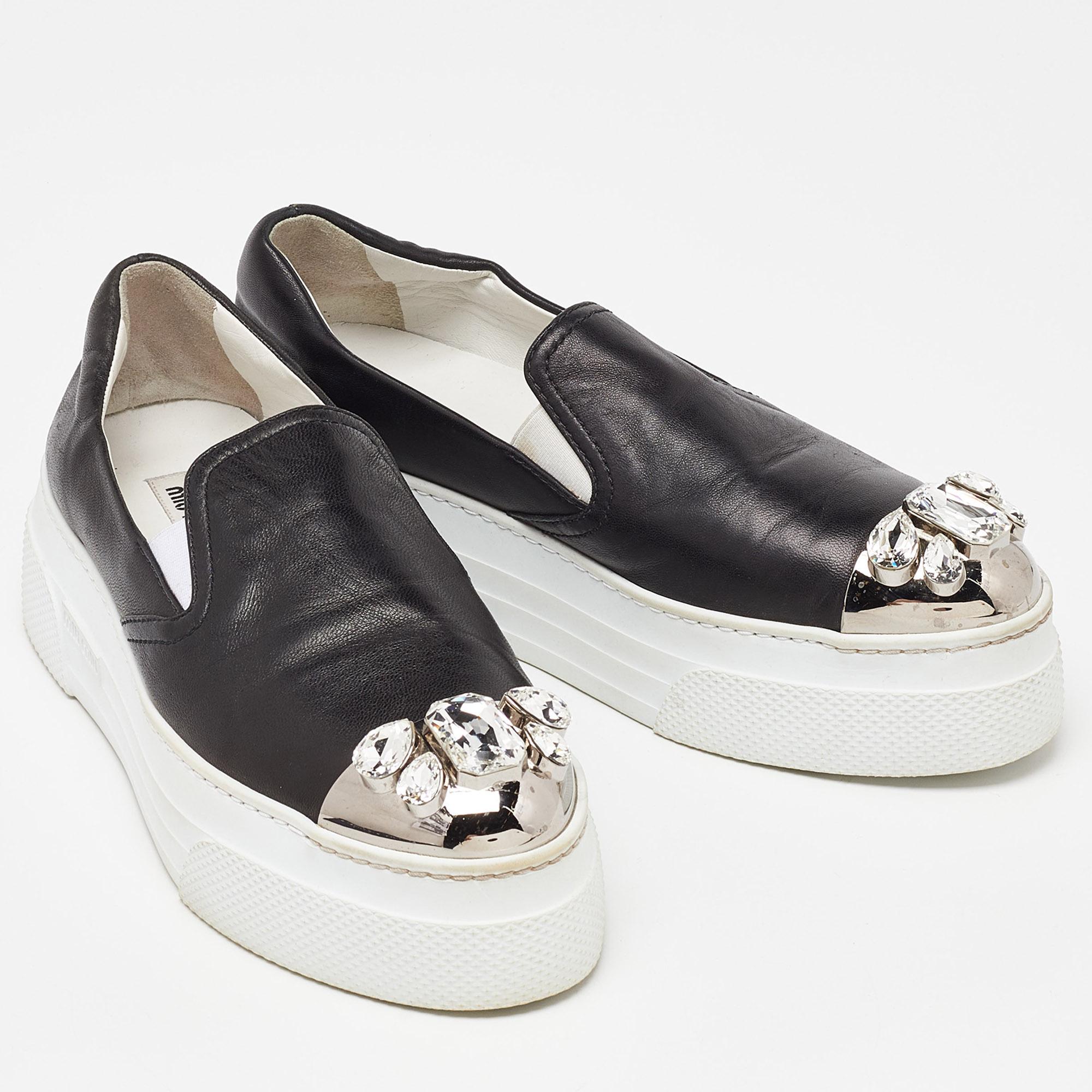 Women's Miu Miu Black Leather Embellished Cap Toe Slip On Sneakers Size 39