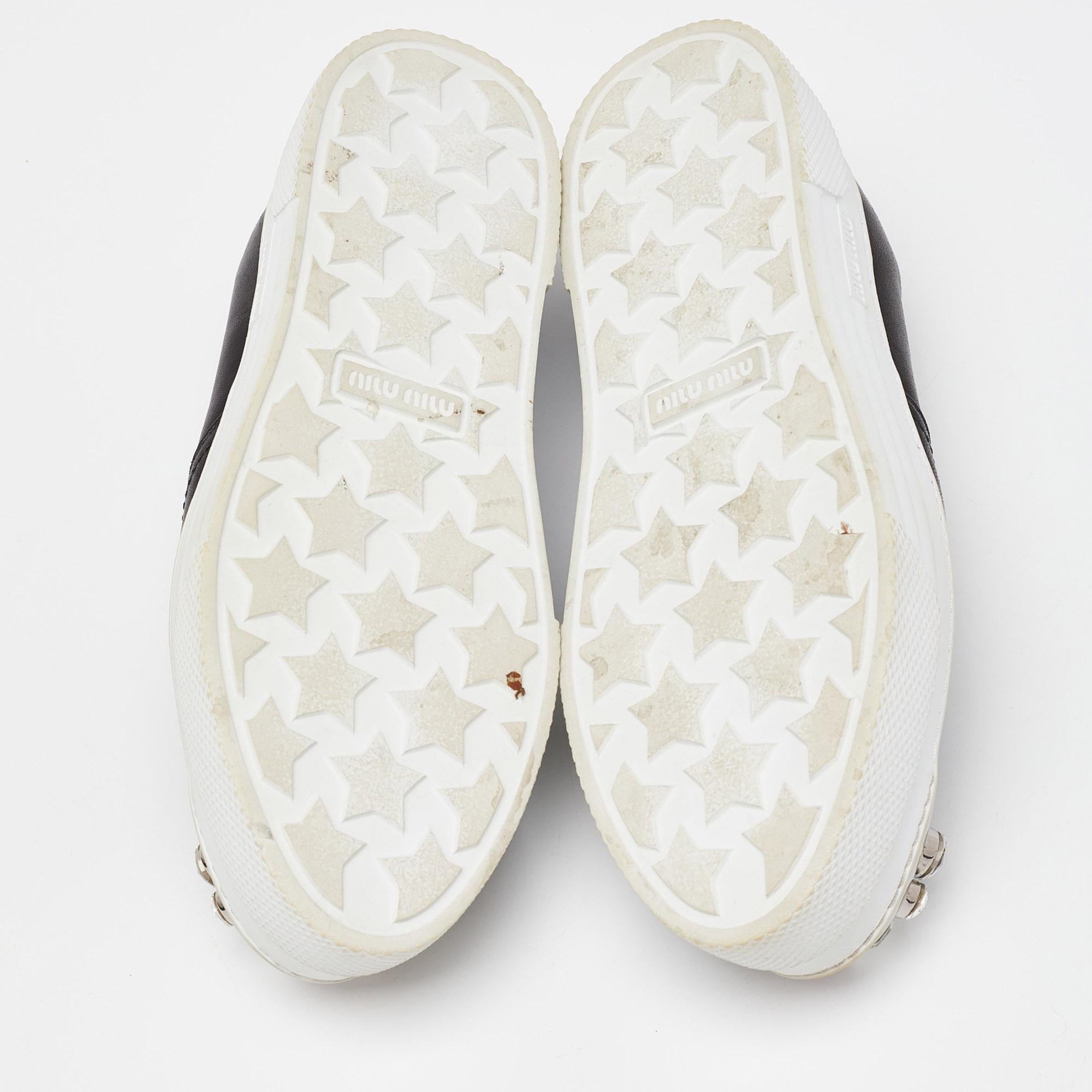 Miu Miu Black Leather Embellished Cap Toe Slip On Sneakers Size 39 2