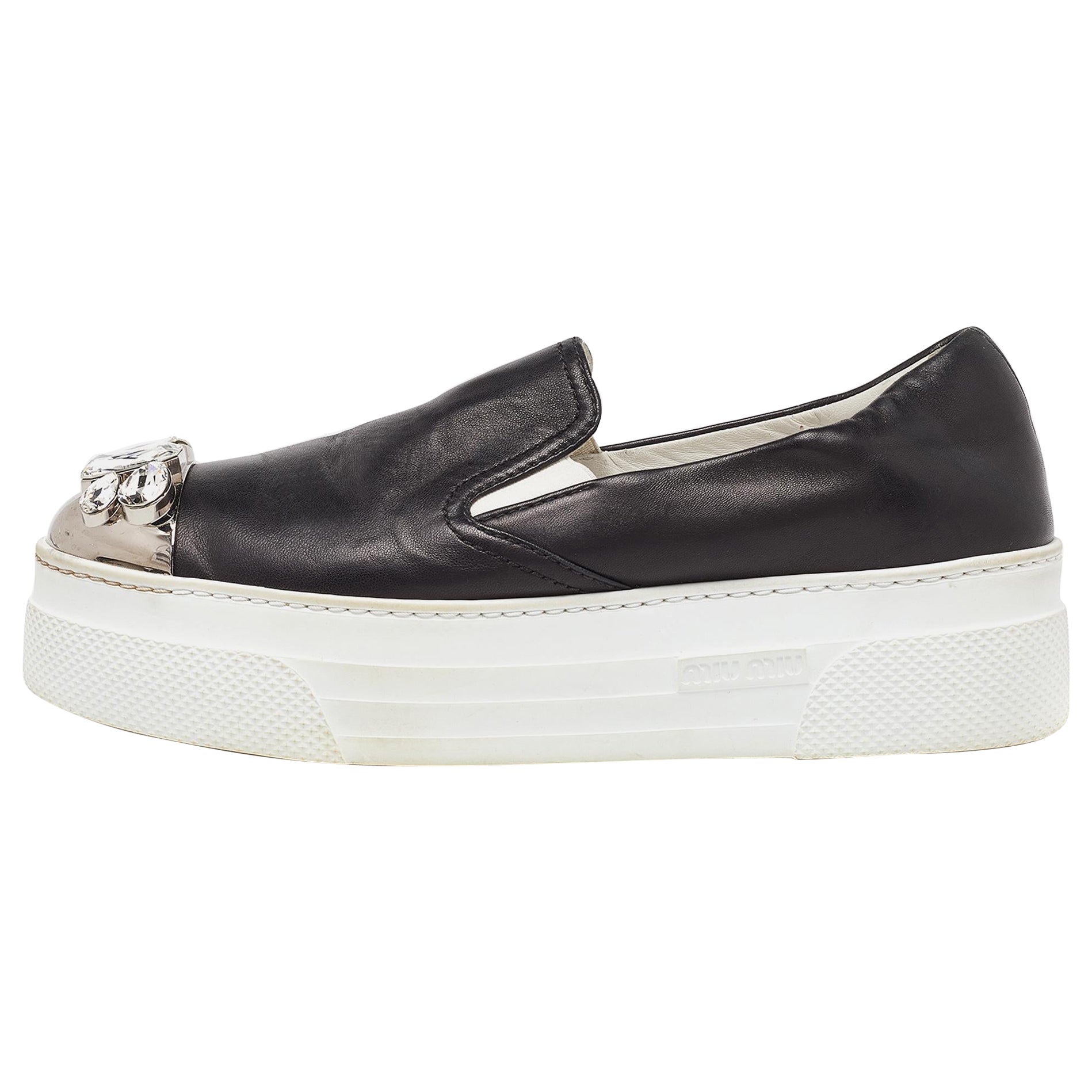 Miu Miu Black Leather Embellished Cap Toe Slip On Sneakers Size 39