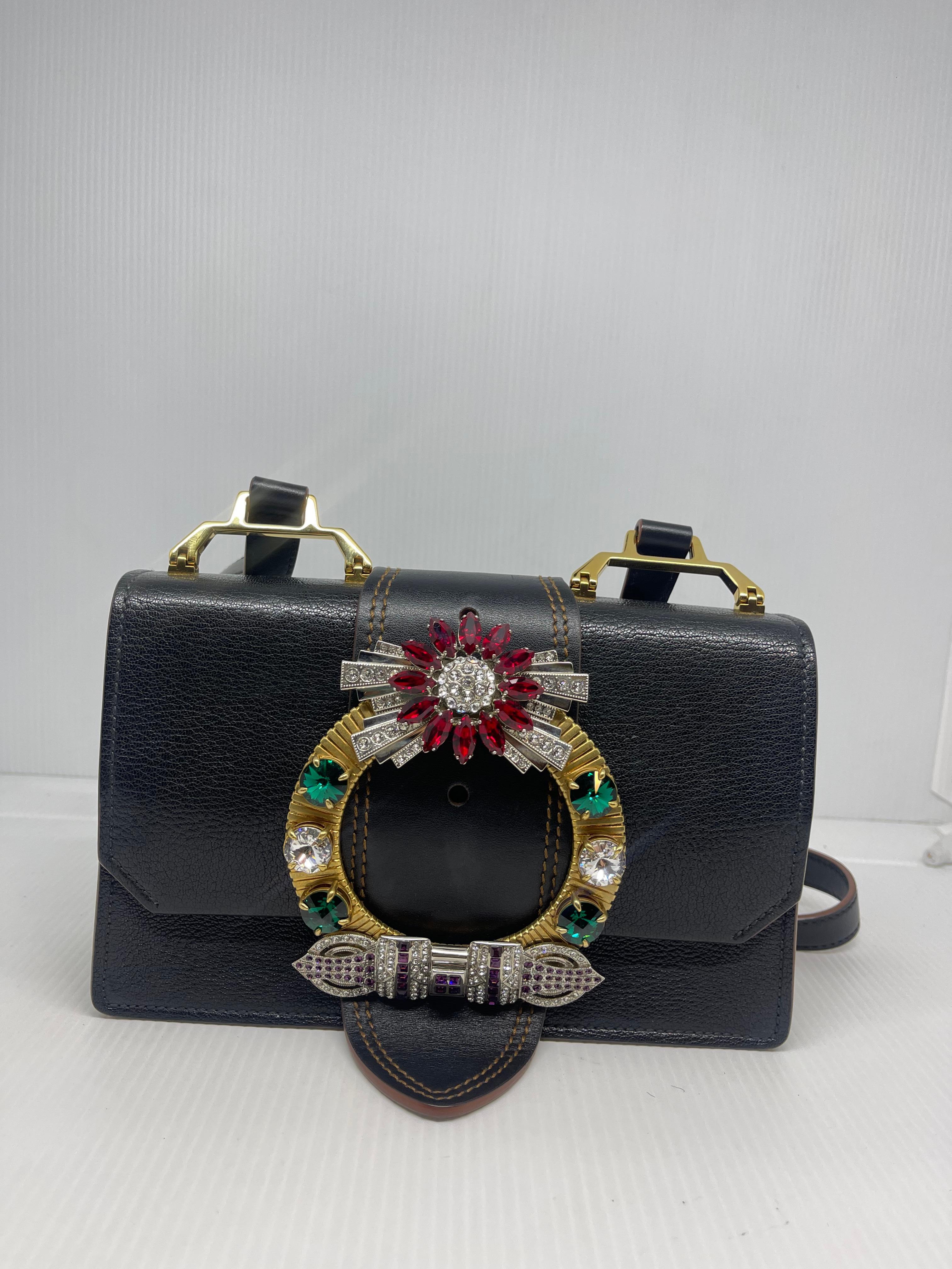 Miu Miu Black Leather Embellished Jewel Madras Crossbody Bag For Sale 9