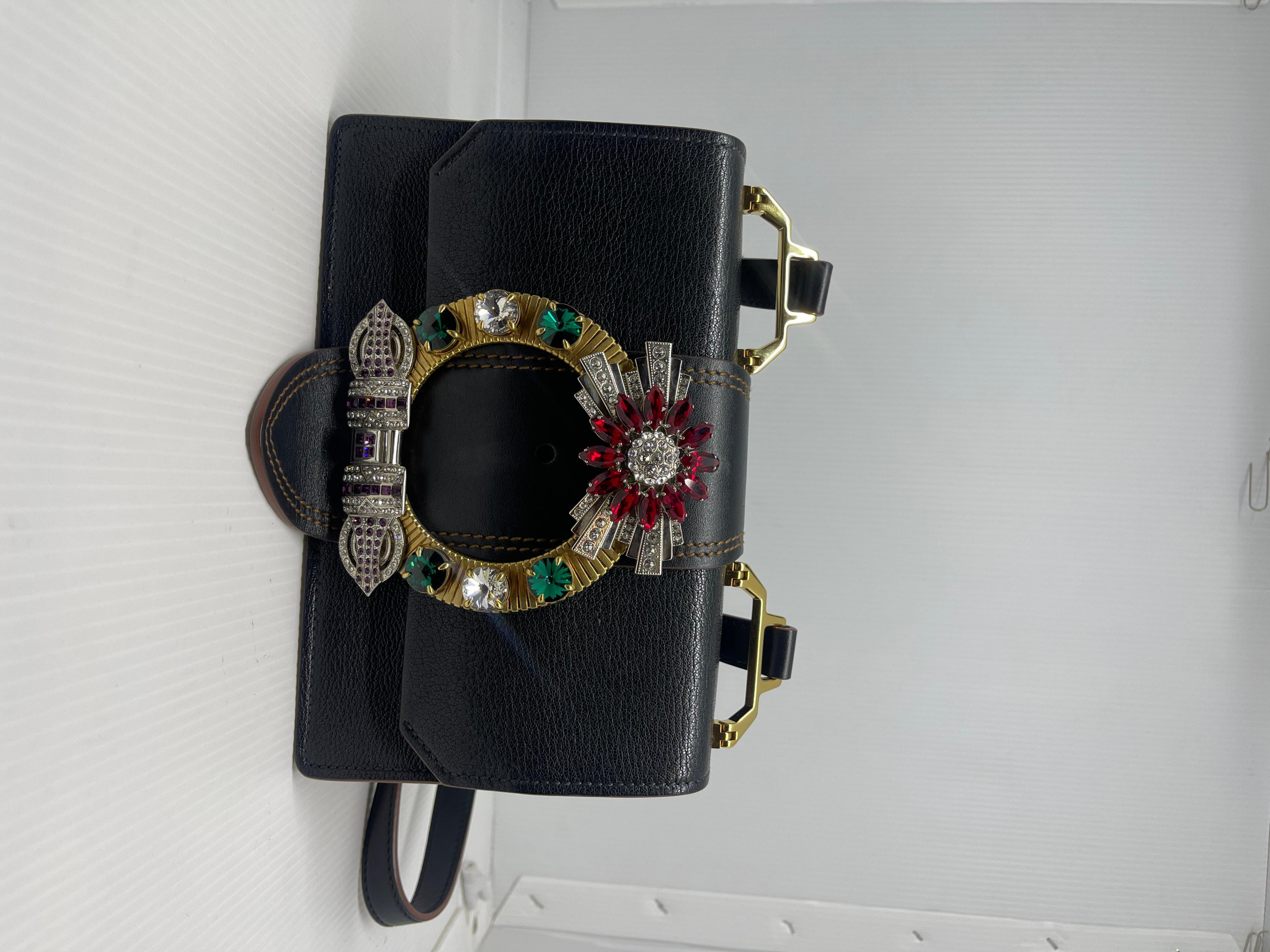 Miu Miu Black Leather Embellished Jewel Madras Crossbody Bag For Sale 10