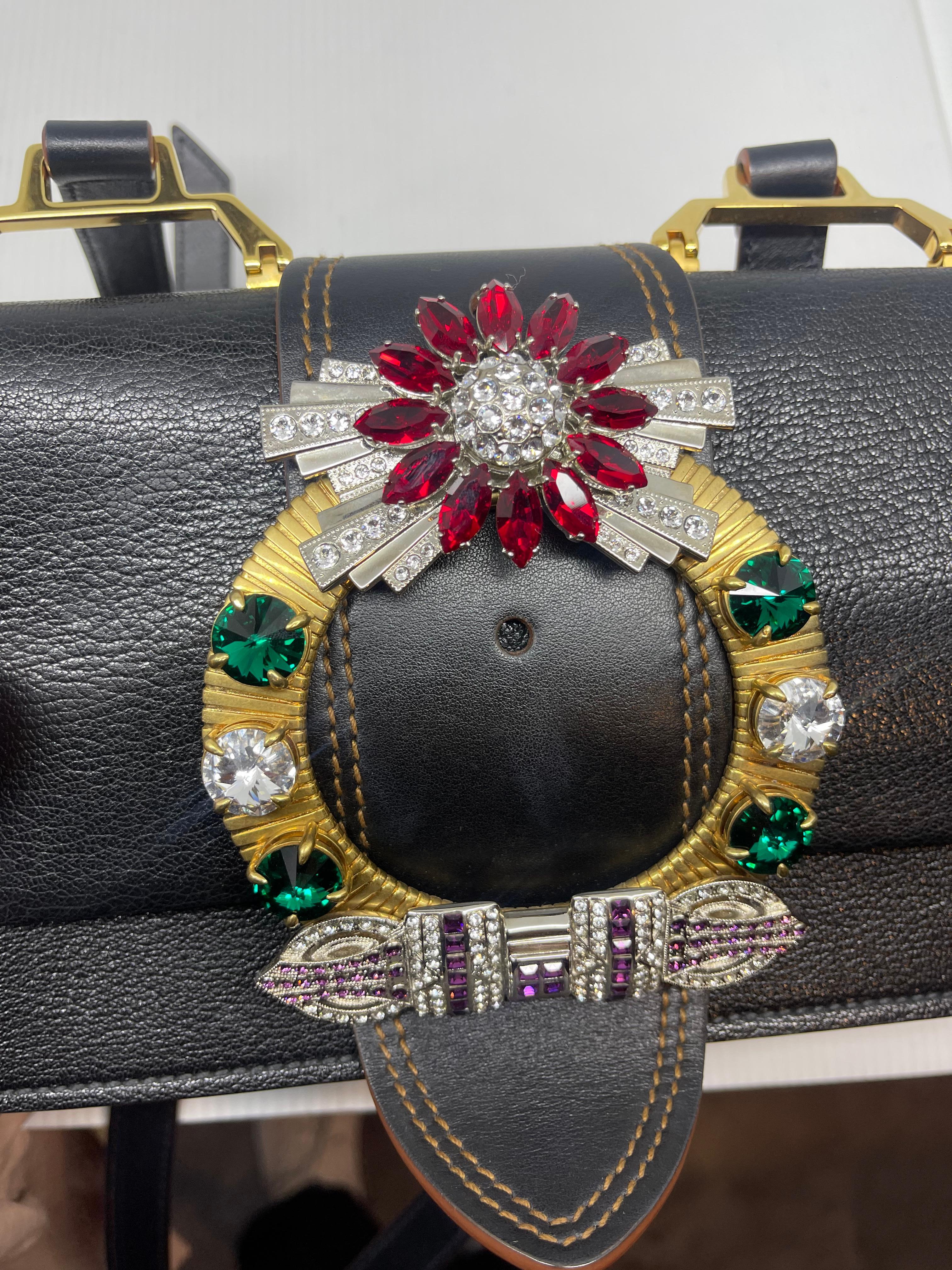 Miu Miu Black Leather Embellished Jewel Madras Crossbody Bag In Good Condition For Sale In Jakarta, Daerah Khusus Ibukota Jakarta