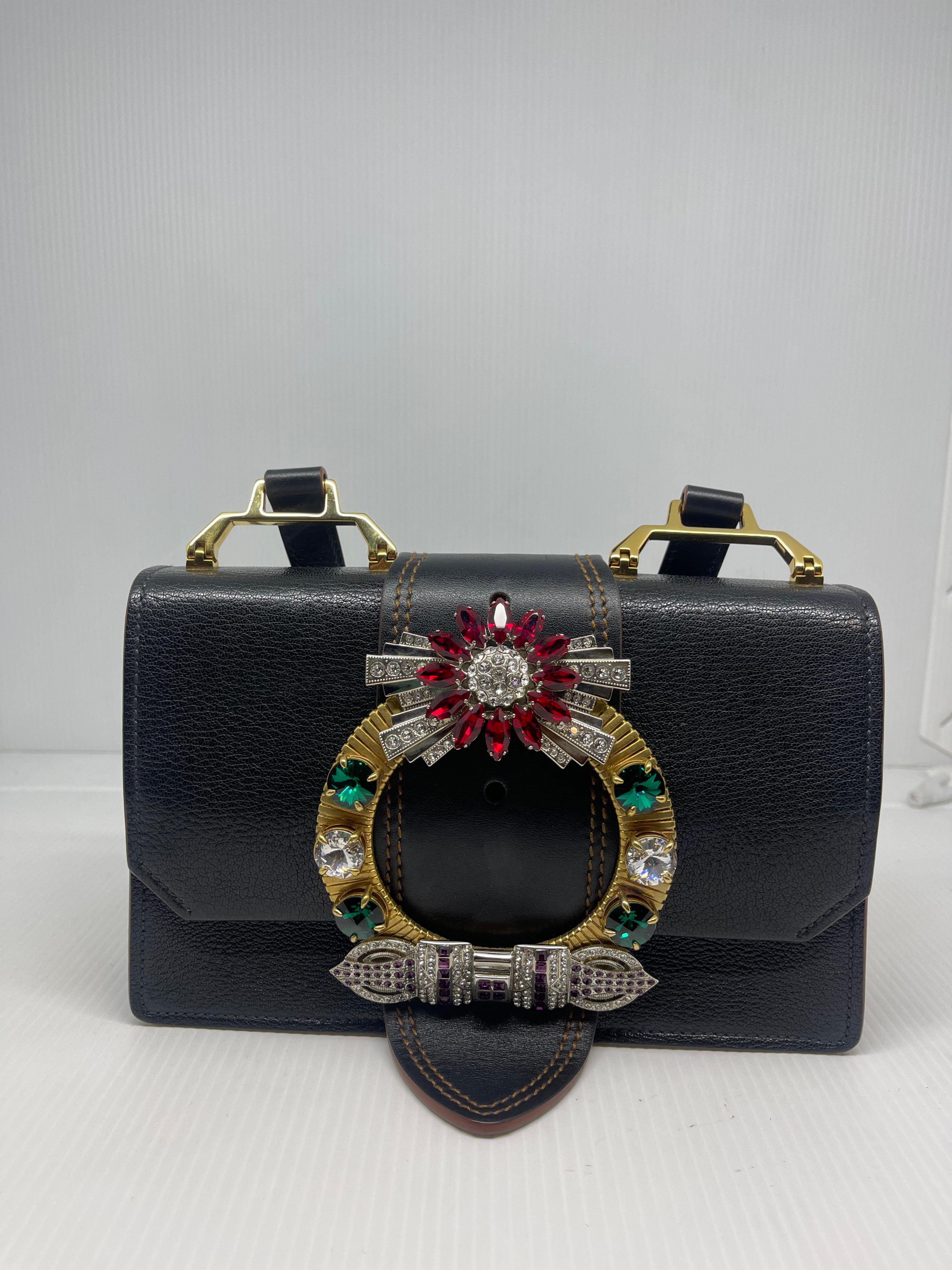 Miu Miu Black Leather Embellished Jewel Madras Crossbody Bag For Sale 3
