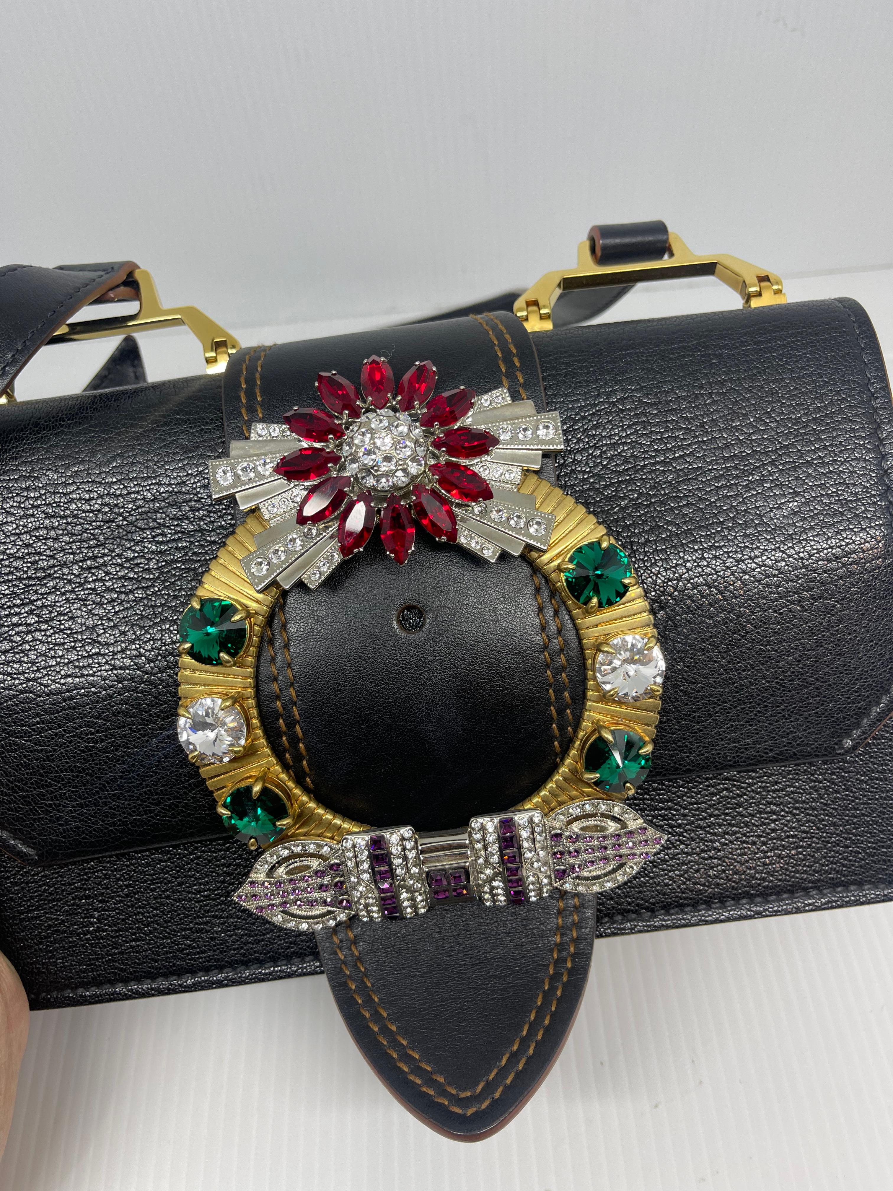 Miu Miu Black Leather Embellished Jewel Madras Crossbody Bag For Sale 4