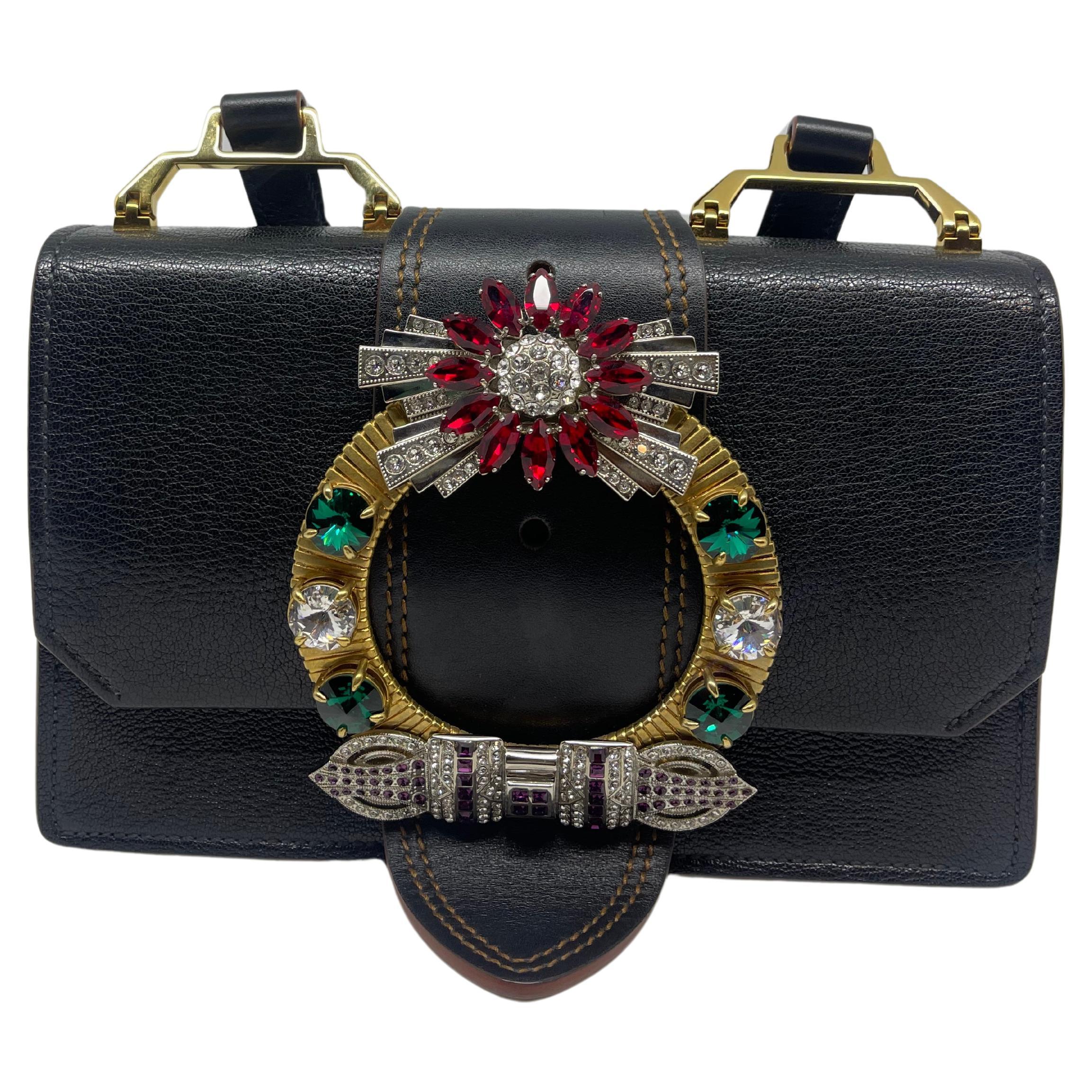 Miu Miu Black Leather Embellished Jewel Madras Crossbody Bag For Sale