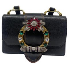 Used Miu Miu Black Leather Embellished Jewel Madras Crossbody Bag