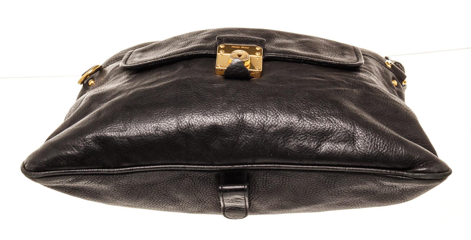 Women's Miu Miu Black Leather Fold Over Shoulder Bag with leather For Sale