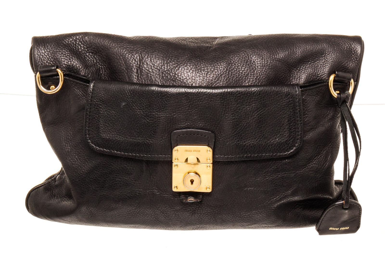 Miu Miu Black Leather Fold Over Shoulder Bag with leather For Sale 1
