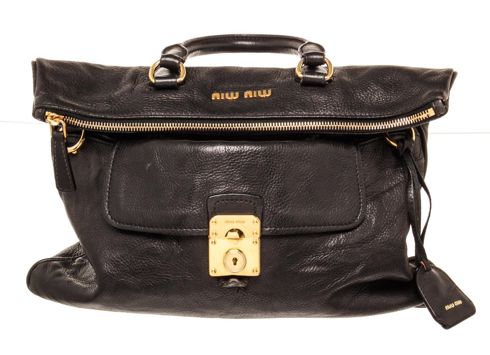 Miu Miu Black Leather Fold Over Shoulder Bag with leather For Sale 2