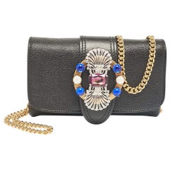 Miu Miu Black Leather Jewel Embellished Buckle Chain Clutch