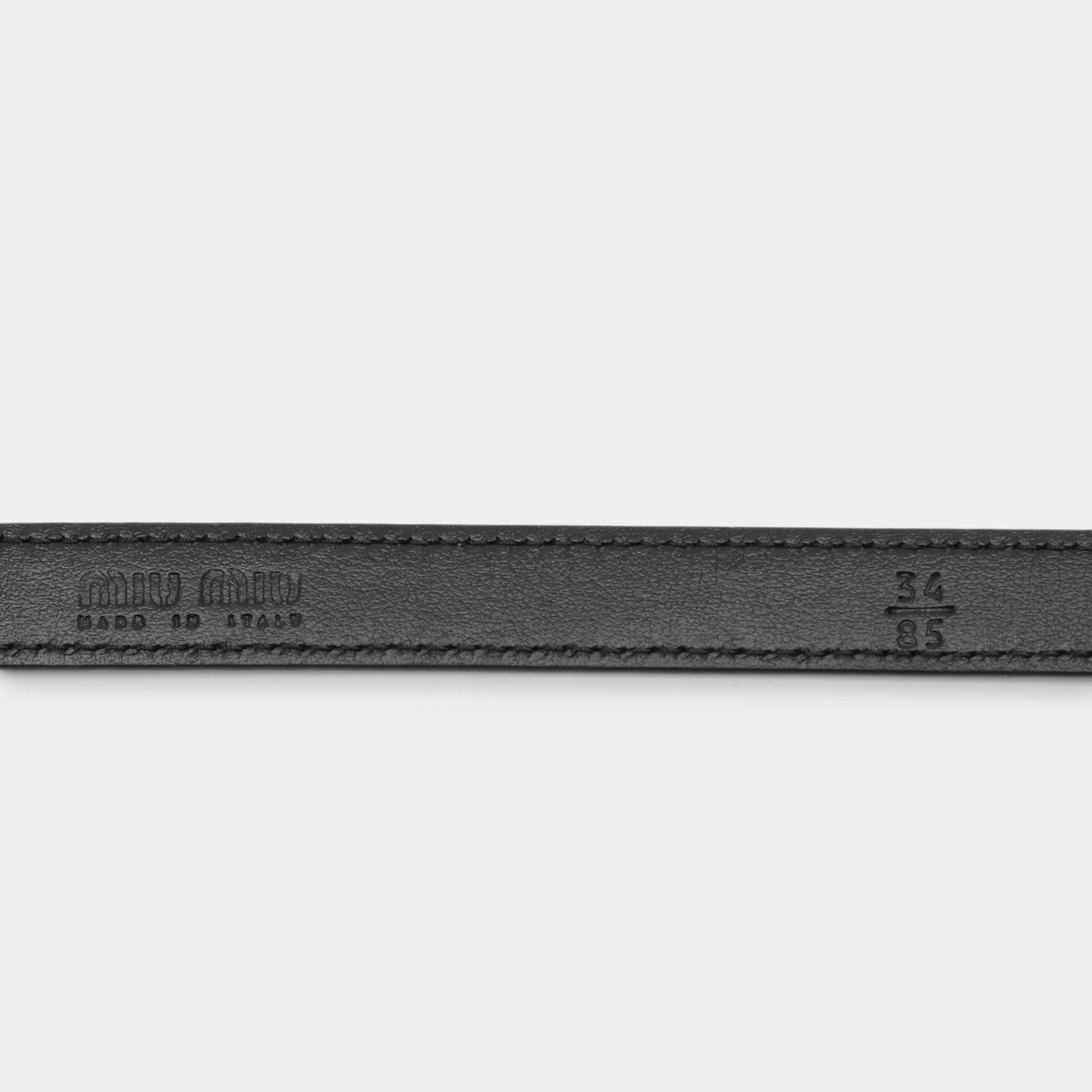 Women's Miu Miu Black Leather Logo Chain Link Waist Belt 85CM