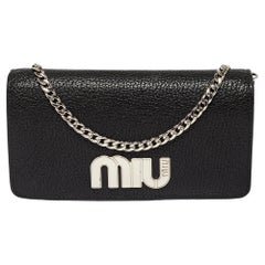 Miu Miu Black Leather Logo Flap Wallet on Chain