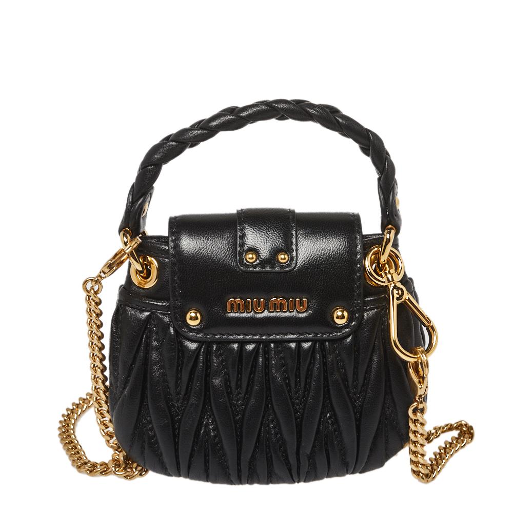 Miu Miu Black Leather Matelassé Leather Mini Crossbody Bag In Good Condition In Dubai, Al Qouz 2