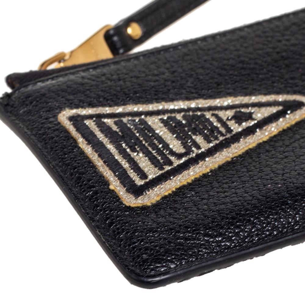 Women's Miu Miu Black Leather Patch Zip Card Case